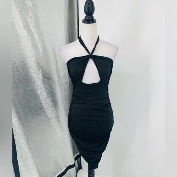 Black Sleeveless Halter Neck Backless Open Back Cutout Ruched Bodycon Mini Dress - Picture 7 of 17
